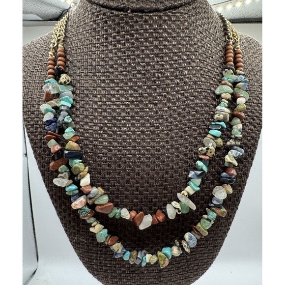 Boho Natural Stone Chip Necklace NEW Double Strand Gold Tone Turquoise Jadeite - Picture 1 of 10